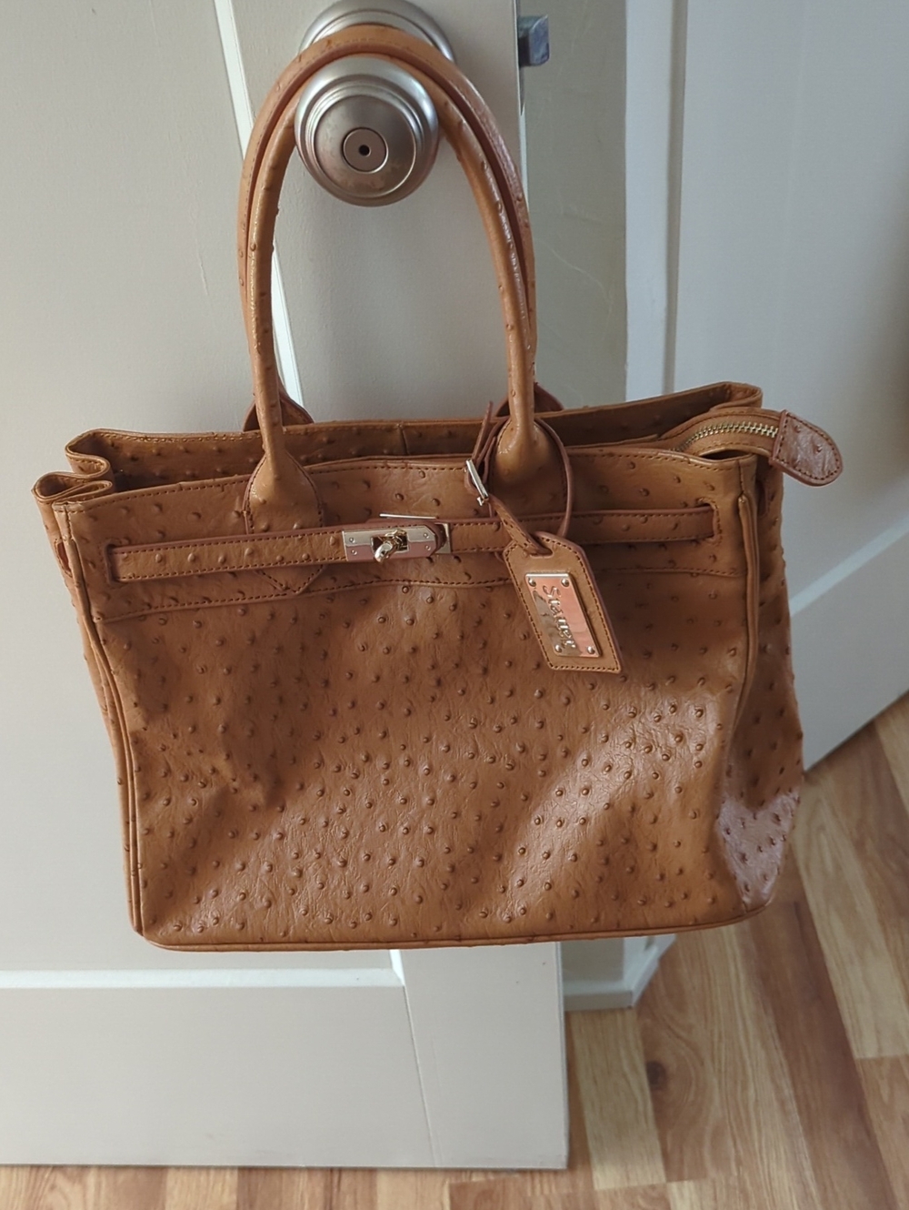 Stauer Tan Ostrich-Textured Satchel with Top Handles